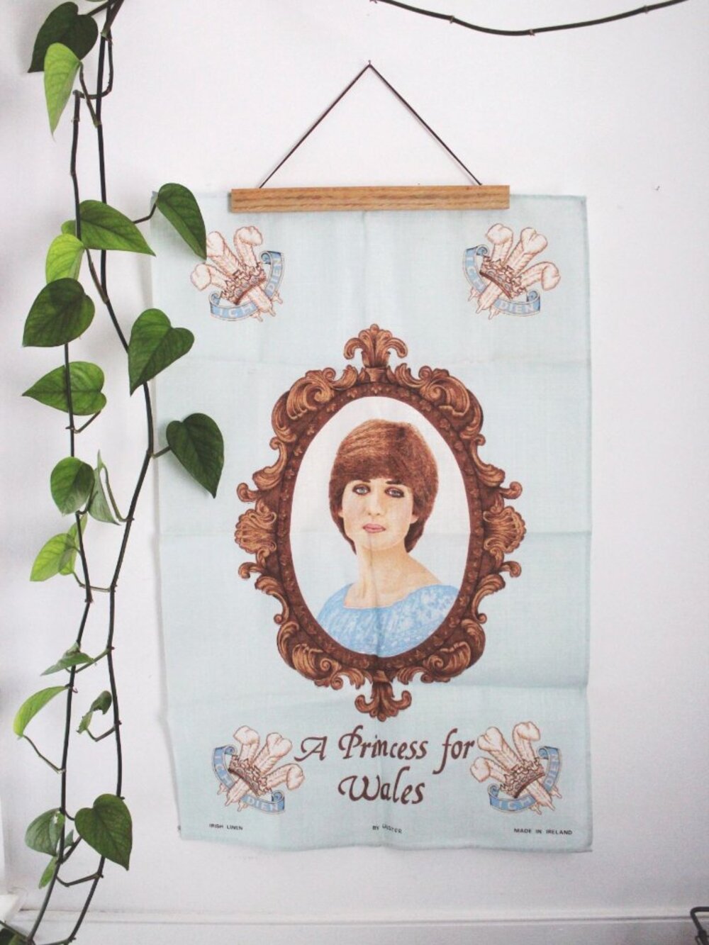 Vintage Commemorative Princess Diana Tea Towel Wall Hanging Irish Linen Ulster